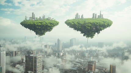 Flying islands town with green trees, above polluted city