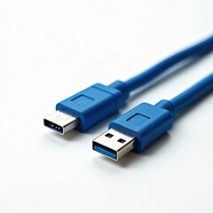 Blue USB cable on bright white background. Isolated USB-C and USB-A connectors. Tech theme, modern design, connection cable for digital devices. Computer, laptop, smartphone accessory.