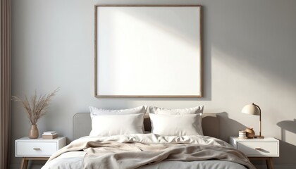 Blank poster mockup above double size bed. Minimalist grey tone interior. Modern room decor. White bed, pillows, blanket, bedside tables, lamp. Blank canvas poster, copy space for art, design.