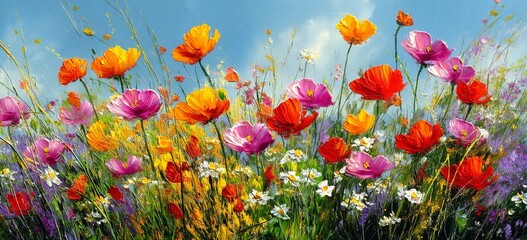Obraz premium A vibrant field of wildflowers, with colorful poppies and daisies in full bloom under the soft