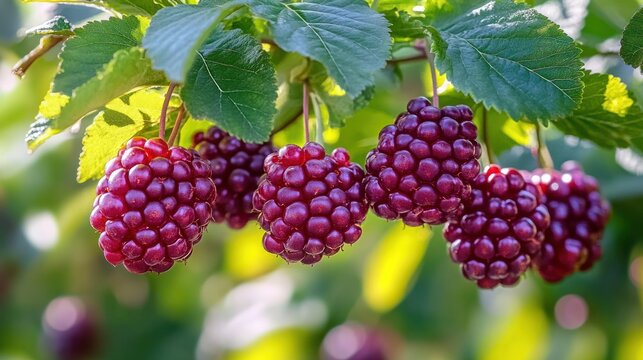 Cluster of dewberries hanging from leafy branches in the sun