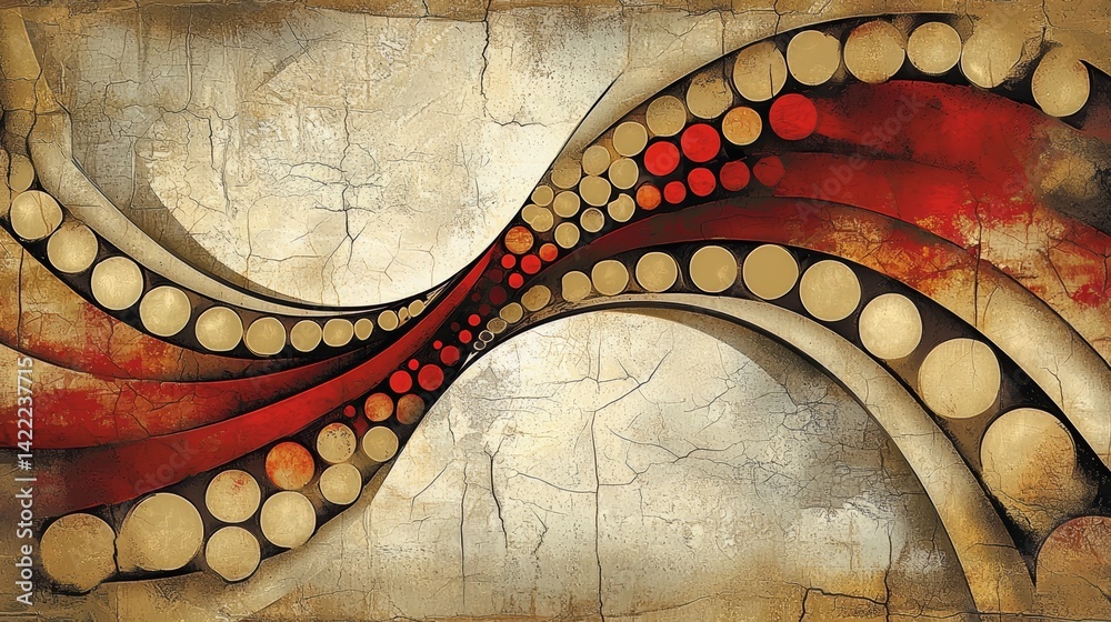 Poster painting of a spiral with red and gold circles. the painting has a sense of movement and energy, wit