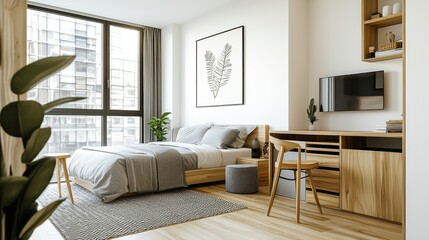 A modern bedroom featuring a wooden bed, a desk, a TV, and large windows with a view, complemented by minimalistic decor and a touch of greenery.