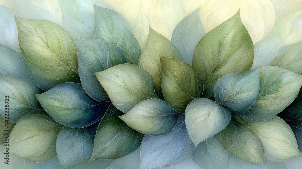 Aufkleber painting of green leaves with a blue background. the leaves are arranged in a way that creates a sen