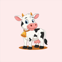 A creative cartoon vector of a cute white cow with black dots. The design captures a friendly, bucolic farm animal, symbolizing livestock and dairy care.