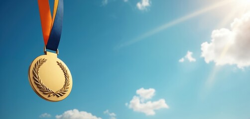 Gold medal hangs in the blue sky with ribbon. Award symbol of victory, success, winning. Championship game prize, best winner, motivation, success concept, competition.