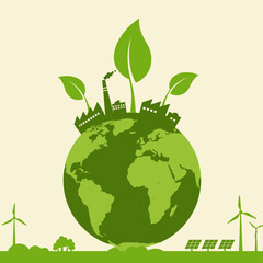 Eco-conscious Earth: A stylized representation of Earth is adorned with lush green foliage and eco-friendly elements such as solar panels and wind turbines.