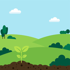 Obraz premium Growth of New Life: A verdant cartoon landscape presents a burgeoning new life, with a small plant emerging from the rich earth, surrounded by lush green hills, cheerful clouds.