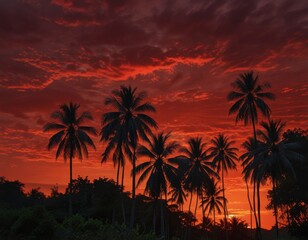 Obraz premium Scarlet Sunset Against the Backdrop of a Tropical Forest 