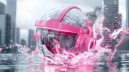 A futuristic pink VR headset submerged in water. It symbolizes immersive technology. Use this image for tech advertising or concept art.