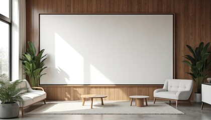 Modern interior with white wall, black frame, wooden paneling, and plants. Living room, office design with couch, armchairs, coffee tables, rug. Light and shadow create cozy atmosphere.