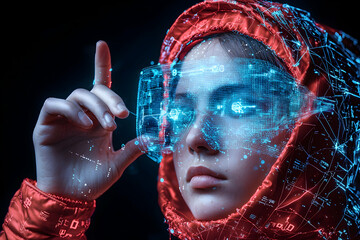 A futuristic image featuring a person interacting with augmented reality technology. Ideal for tech company promotions and science fiction themed projects.