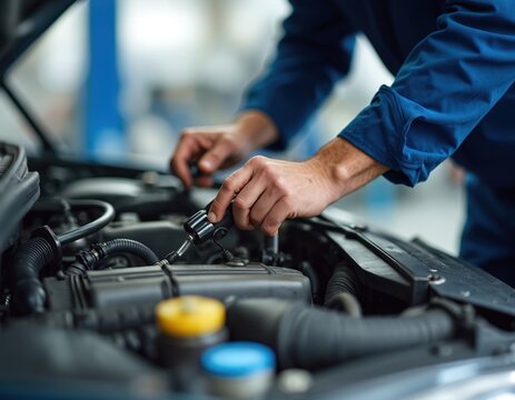 Mechanic repairs car engine. Technician services auto motor in workshop using tools. Auto repair, car maintenance, engine diagnostic and fix. Car service, mechanic working garage.