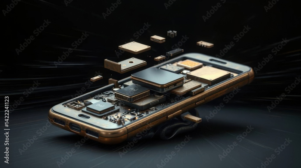 Poster Smartphone components exploded view showcasing circuit board technology