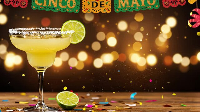 Colorful cinco de mayo celebration with margarita glass and festive confetti