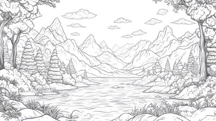 Obraz premium Serene mountain lake landscape; peaceful nature scene for book illustrations