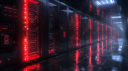 Obraz premium A futuristic server room bathed in red light. Suggests data centers high-tech environments. Ideal for digital art or technology themed visuals.