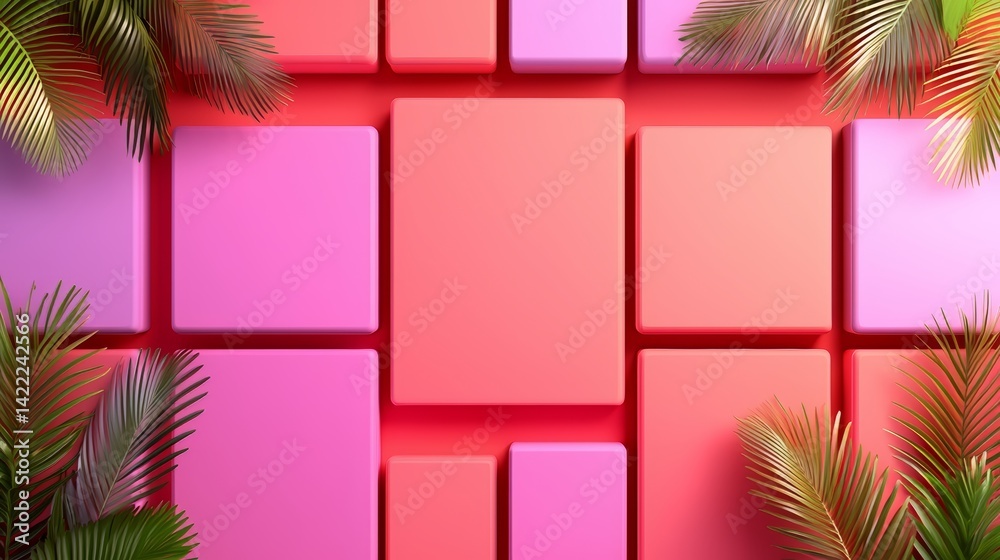 Poster pink and purple background with a green palm tree. the background is made up of pink and purple squa