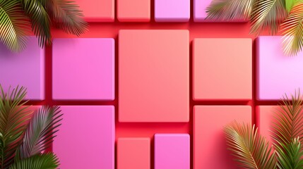 Pink and purple background with a green palm tree. The background is made up of pink and purple squares