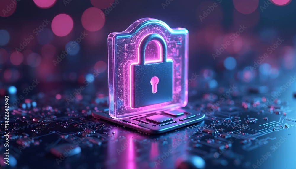 Poster abstract cyber security system with a padlock. digital padlock on a computer board. protection, info