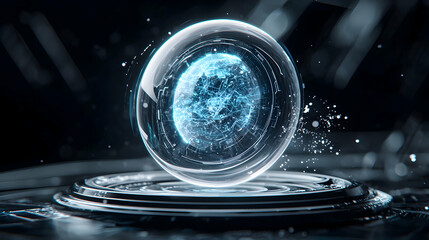 A futuristic digital sphere glows with interconnected data. It could be an illustration for artificial intelligence or virtual reality projects. It depicts complex systems and future technology.