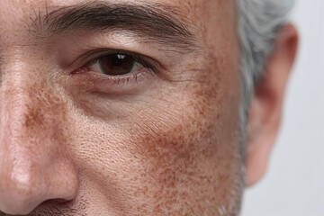 Obraz premium Close-up of a middle-aged man with more sun spots on his face, white background, photorealistic.