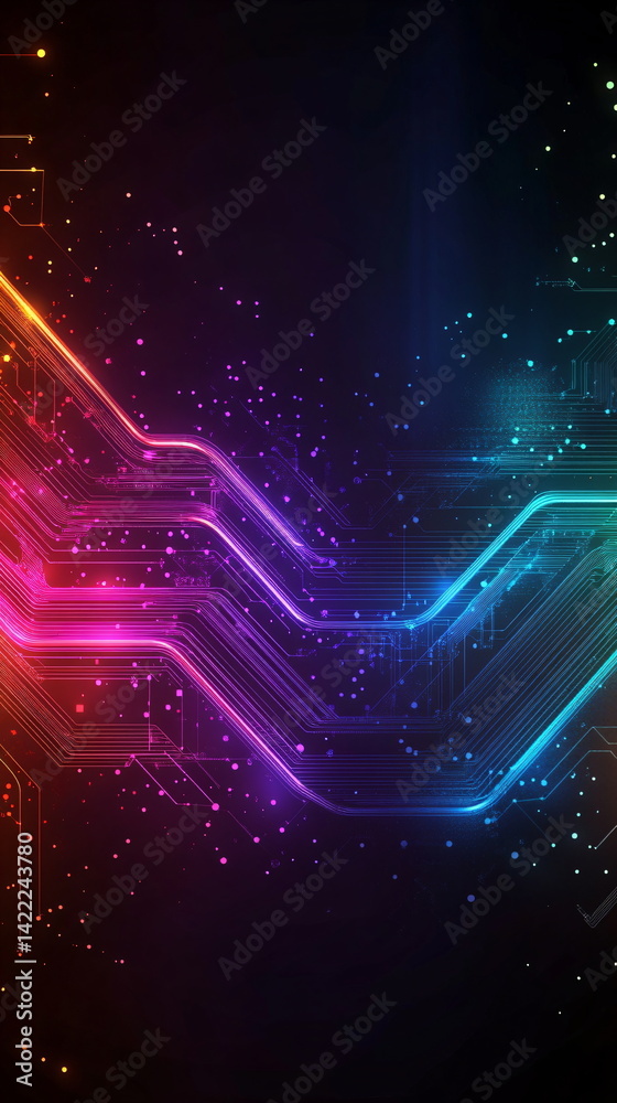 Poster abstract digital circuit board pattern with glowing neon lines and particles. futuristic technology 