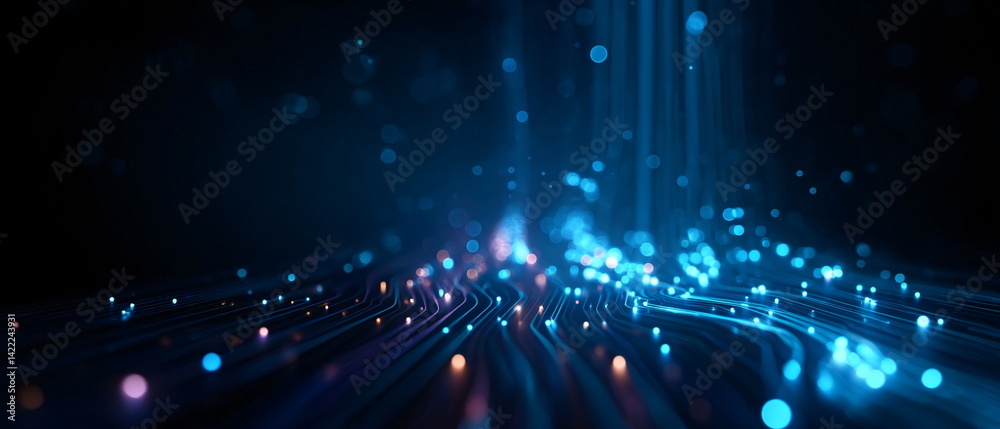 Poster digital data flow through abstract circuit board with bright light spots. big data and artificial in