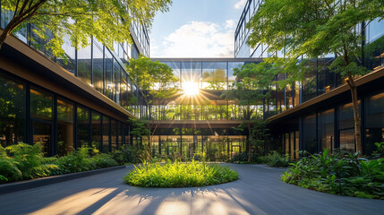 Midday sun over sustainable business center, bright vibrant plants on terraces, healthy work atmosphere