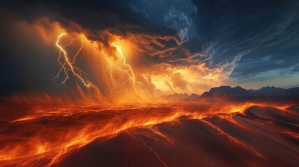 Dramatic landscape of a fiery terrain under ominous storm clouds