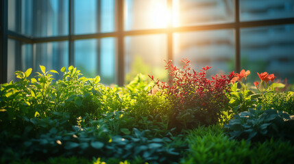 Midday sun over sustainable business center, bright vibrant plants on terraces, healthy work atmosphere