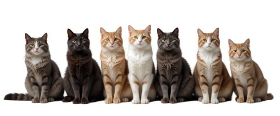A row of unique cat friends, showcasing their distinctive personalities and captivating the eye with their elegant charm. 