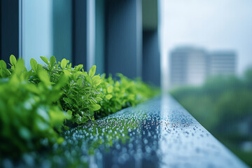 Rainy day at green office complex, wet balcony plants, reflective glass and tranquil ambiance