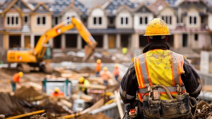 A construction worker in a safety vest and hard hat oversees building activities at a busy construction site, highlighting teamwork and industrial effort.