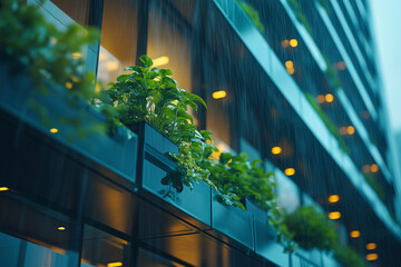 Rainy day at green office complex, wet balcony plants, reflective glass and tranquil ambiance