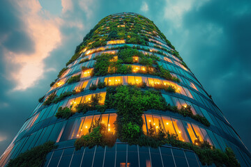 Dusk over a futuristic green corporate tower, warm lights inside, blending nature with technology