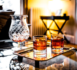 Two cocktails with mixing vessel in lounge setting