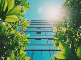 Sunny afternoon at urban green workplace, vibrant plants swaying, clear sky, eco-modern city living