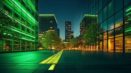 Nightscape showing glowing green architecture and illuminated terraces in downtown business district
