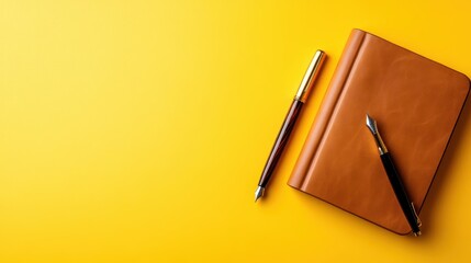 An elegant brown notebook featured with two luxurious fountain pens rests on a bold yellow background, symbolizing sophistication and inviting thoughts and creativity.