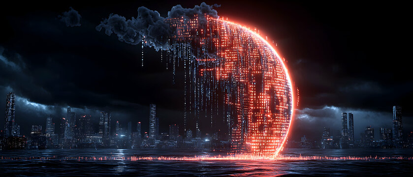 Cyberpunk city scape featuring a data sphere and digital rain under a stormy sky. Perfect for futuristic game art or tech-related design projects.