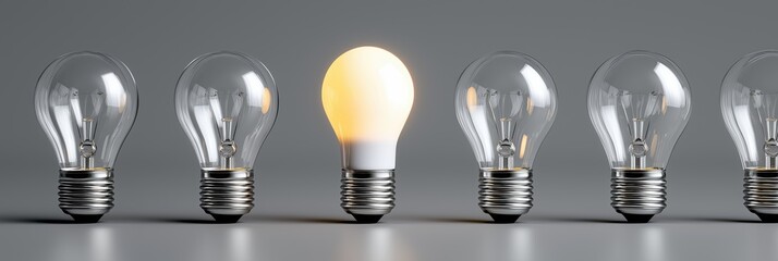 A row of light bulbs with one of them lit up. The light bulb in the middle is the only one lit up