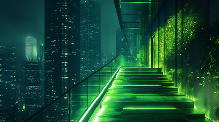 Nightscape showing glowing green architecture and illuminated terraces in downtown business district