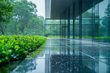 Rainy day at green office complex, wet balcony plants, reflective glass and tranquil ambiance