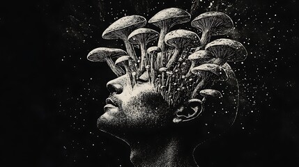 Surreal fusion of human head and mushrooms growing from brain in nature art image