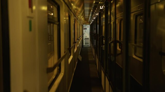 Cinematic 4K video of a symmetric, empty train corridor at night. Lit by warm tungsten lights, with windows on one side and cabin doors on the other. trip from Bratislava to Poland was a bit scary
