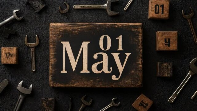 Wooden block with May 01 date surrounded by various antique tools on dark textured background for time-themed imagery