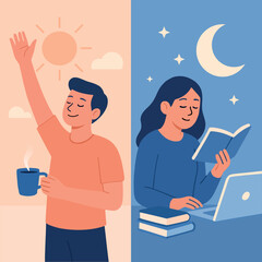 Minimalist flat vector illustration showing two different chronotypes. A morning person enjoys coffee under the sun, while a night person reads a book by moonlight.