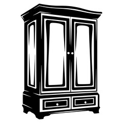 Black and white illustration of a classic wardrobe with doors and drawers