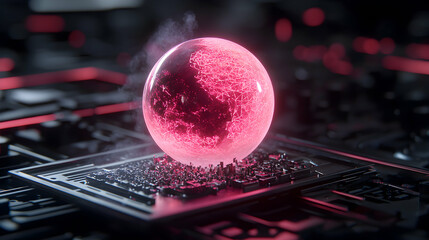 A glowing sphere on a circuit board symbolizes futuristic technology or data processing. It is a perfect image for a tech blog or website background. Its mesmerizing effect will attract users.